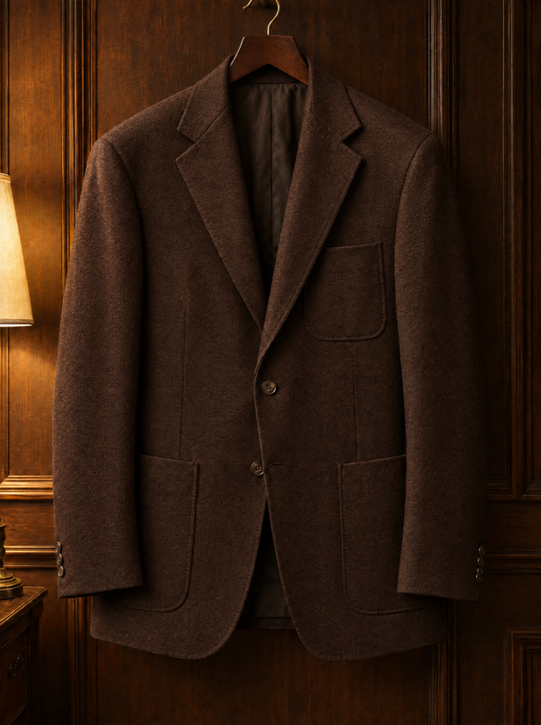 Brown structured wool blazer on a wooden hanger