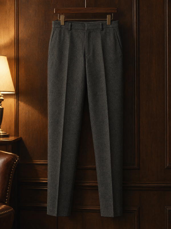 Charcoal tapered wool trousers on a wooden hanger