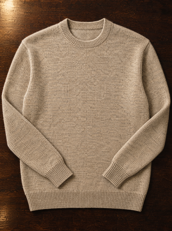 Oatmeal merino wool crew neck sweater folded flat