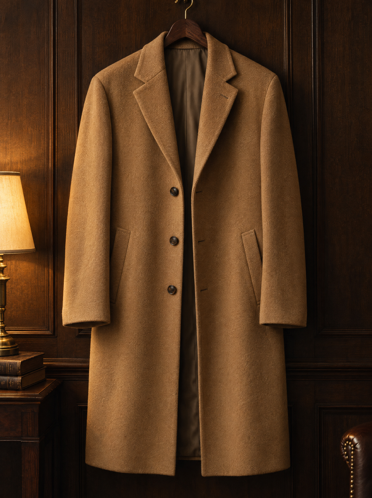 Camel wool blend topcoat on a wooden hanger
