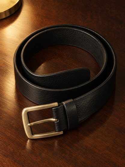 Black full-grain leather belt with a brass buckle