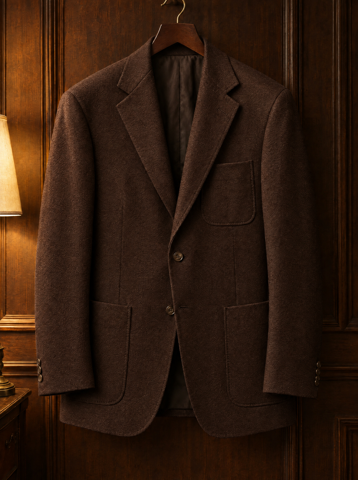 Brown structured wool blazer on a wooden hanger