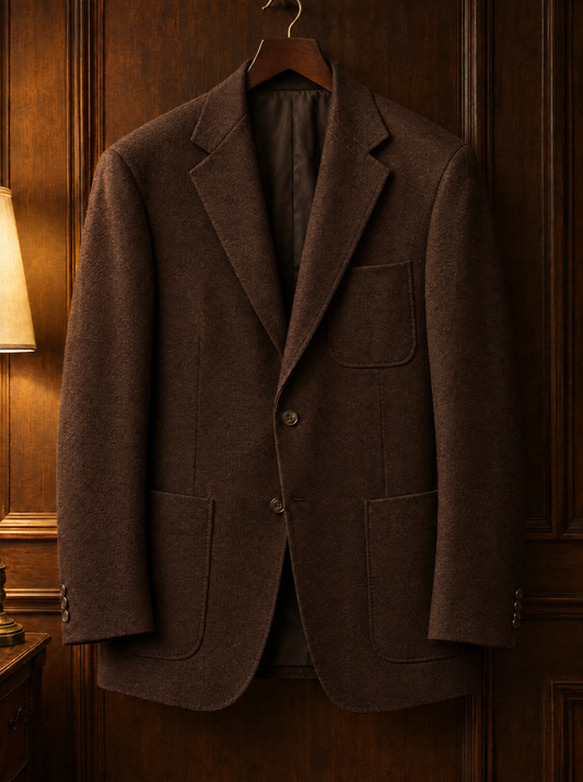 Brown structured wool blazer on a wooden hanger