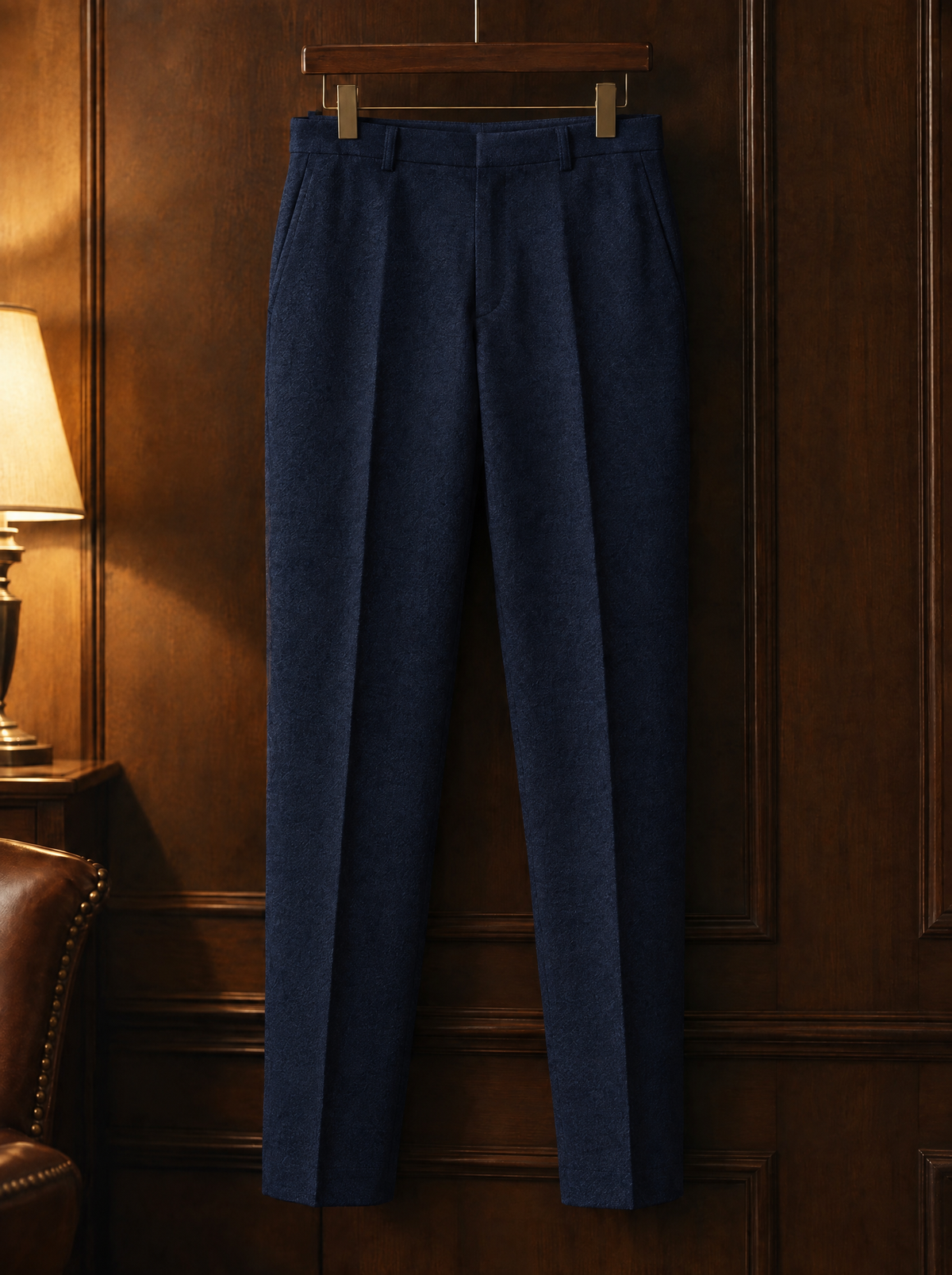 Navy tapered wool trousers on a wooden hanger