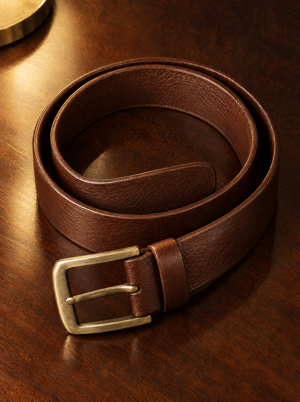 Brown full-grain leather belt with a brass buckle